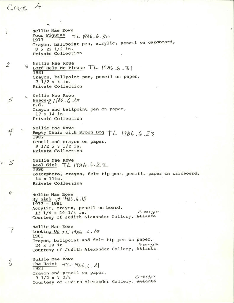 Second page of an exhibition checklist at The Studio Museum in Harlem, 1986.