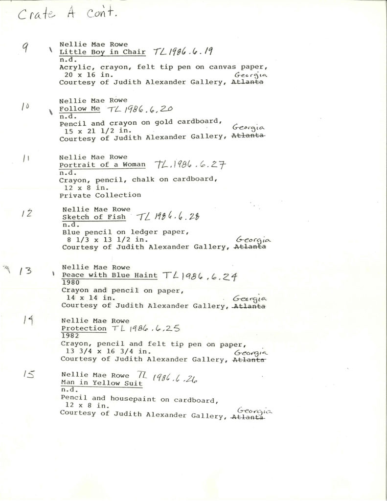 Third page of an exhibition checklist at The Studio Museum in Harlem, 1986.