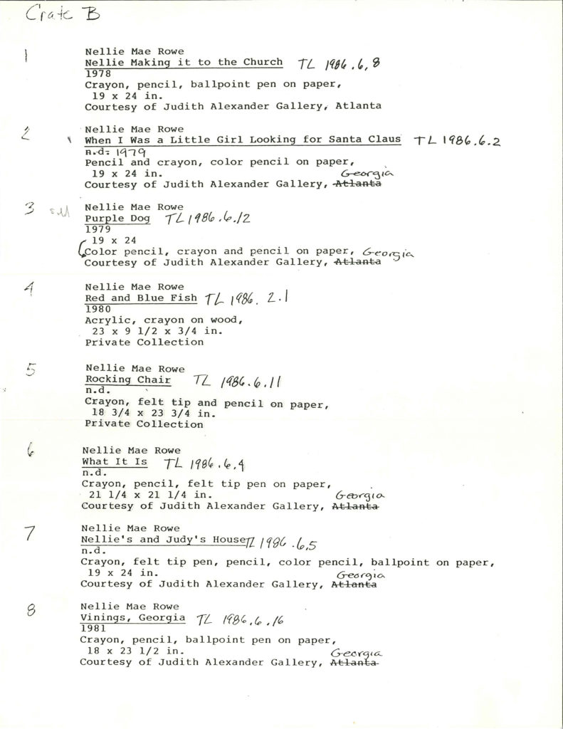 Fourth page of an exhibition checklist at The Studio Museum in Harlem, 1986.