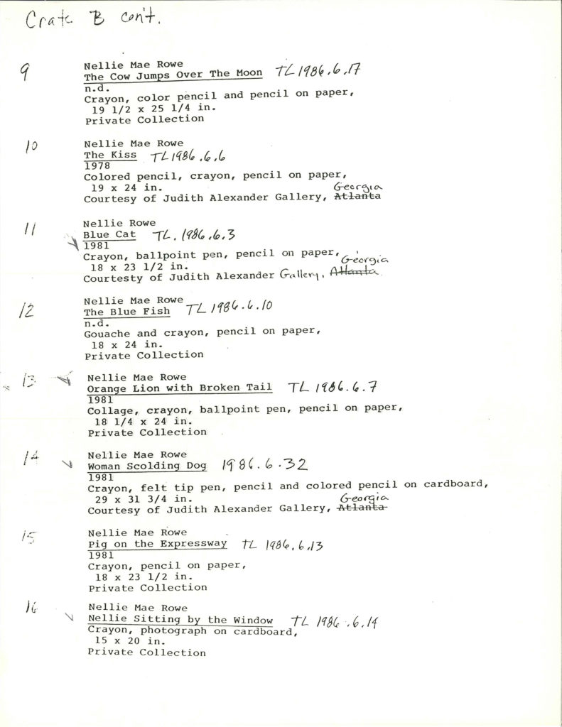 Fifth page of an exhibition checklist at The Studio Museum in Harlem, 1986.