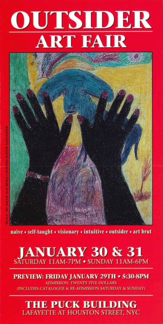 Outsider Art Fair brochure cover, 1993, featuring Nellie Mae Rowe's work Untitled (Peace).