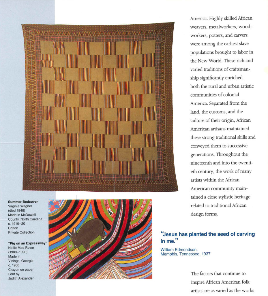 A page from the exhibition catalogue for Community Fabric: African American Quilts and Folk Art at the Philadelphia Museum of Art. The page features Nellie Mae Rowe's artwork titled Pig on Expressway.