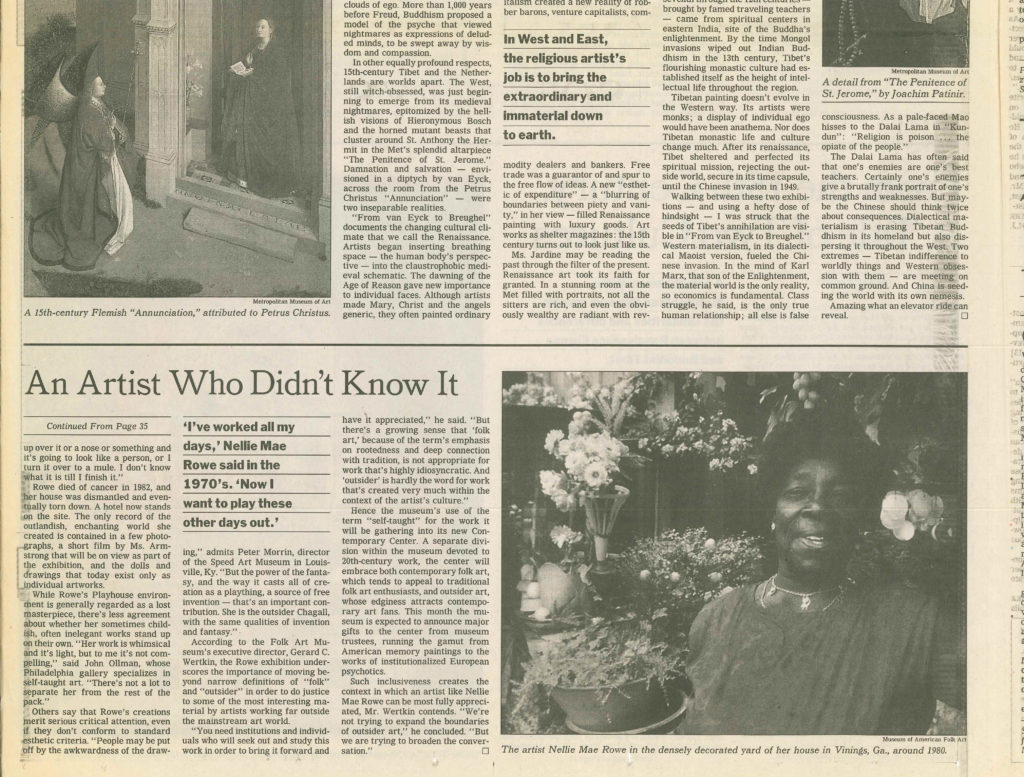 Second page of New York Times article by Tessa DeCarlo titled An Artist Who Didn't Know She Was One. Page features a photo of Nellie Mae Rowe in her yard, standing next to several flower arrangement. A pull quote reads, 'I've worked all my days," Nellie Mae Rowe said in the 1970's. 'Now I want to play these other days out.'