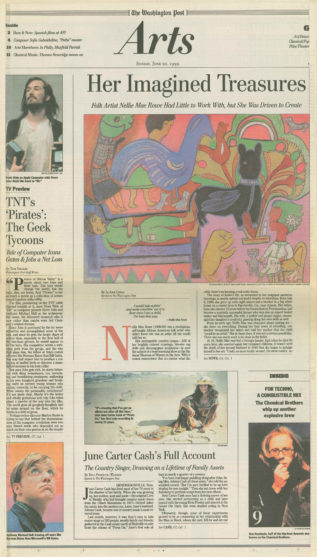Article in the Washington Post by Jo Ann Lewis titled Her Imagined Treasures: Folk Artist Nellie Mae Rowe Had Little to Work With, but She Was Driven to Create. In the Arts section, June 20, 1999. Features Rowe's work At Night Things Come to Me.