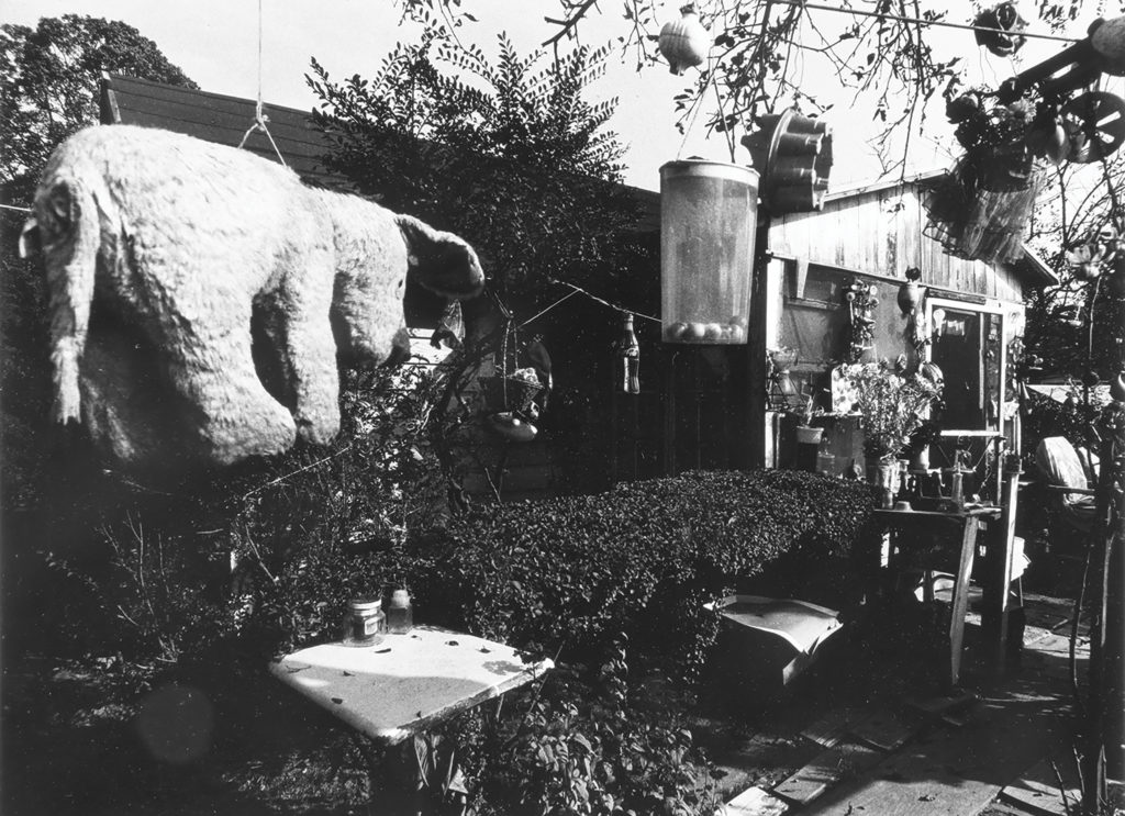 Black and white photograph of Nellie Mae Rowe's yard and house. A large dog-shaped piñata hangs from a tree branch to the left. An assortment of objects such as flower arrangements and a Coke bottle hang from wires and tree branches around the yard. Two bottles stand on a small table in front of a hedge along the front of the house.