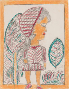 Standing female figure with orange skin, face turned to the right, and crosshatched dress and hat in red, graphite, and white; two trees in squiggled blue lines behind her.