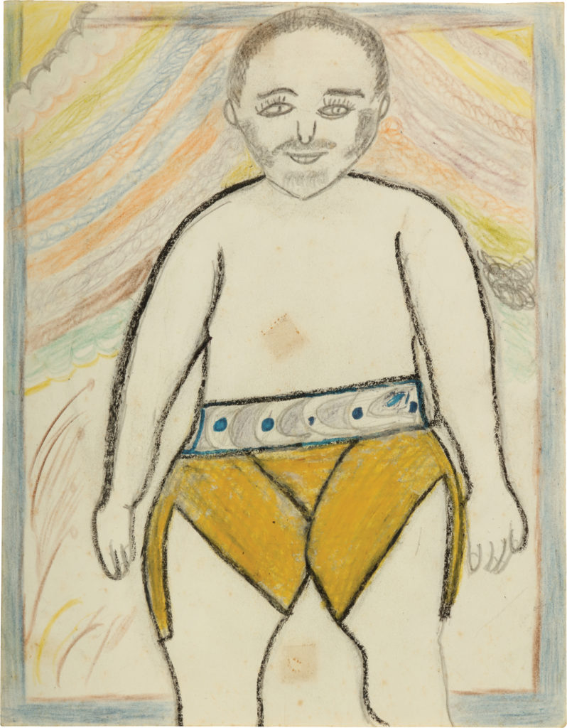 Drawing of a front-facing bearded figure outlined in black colored pencil, wearing bright yellow shorts that get shorter toward the outside of the leg, against a light, sunny background. The figure is bare-chested and wears an ornate belt accented with blue dots.