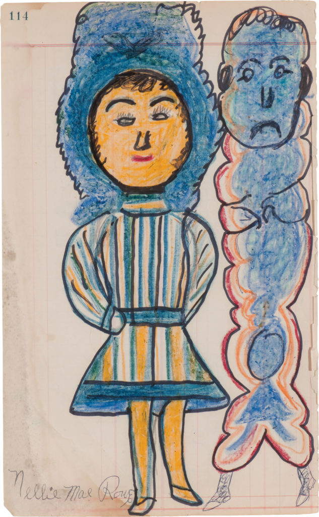 Drawing of a yellow figure wearing a white, blue, and black striped dress and bright blue, furry headpiece; to the left is caterpillar-life ghost figure, the same height.