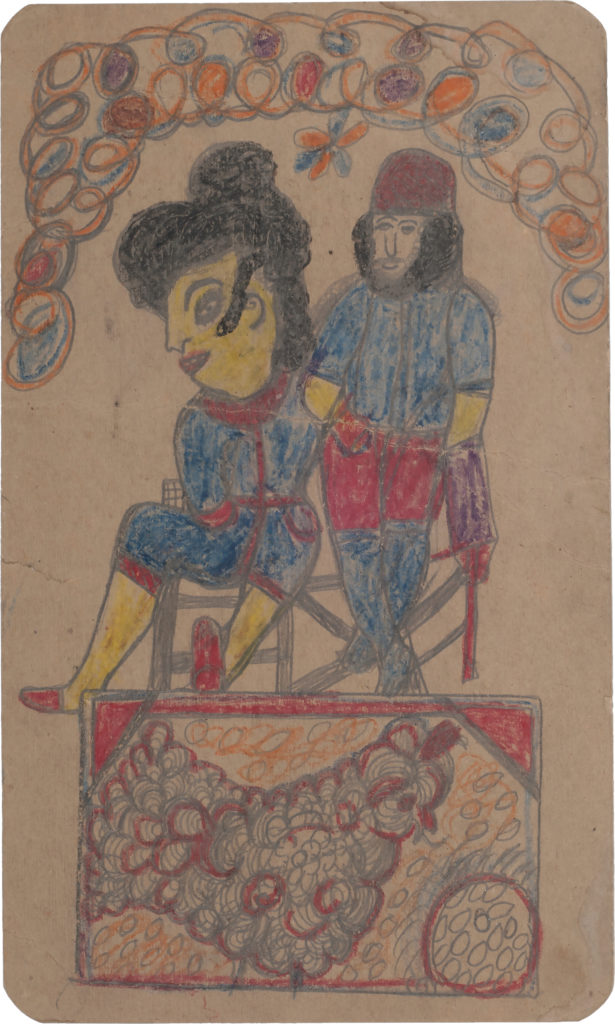 A drawing of two figures on top of a small, rectangular platform, one seated with a large head seen in profile and one standing, both wear red and blue outfits. A curly blue chicken, outlined in red is drawn on the front of the platform, looking at a round red-outlined circle in the corner full of smaller white circles.