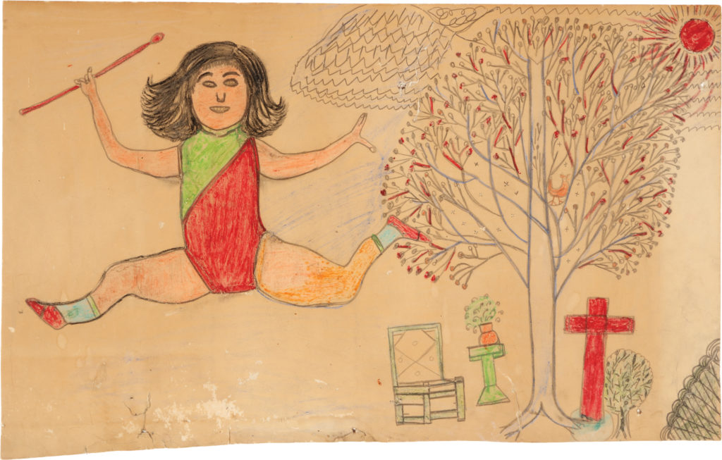 Light cardboard with drawn, leaping woman in lime green and red leotard on the left; a red cross, small chair, and large tree with red buds on the right.