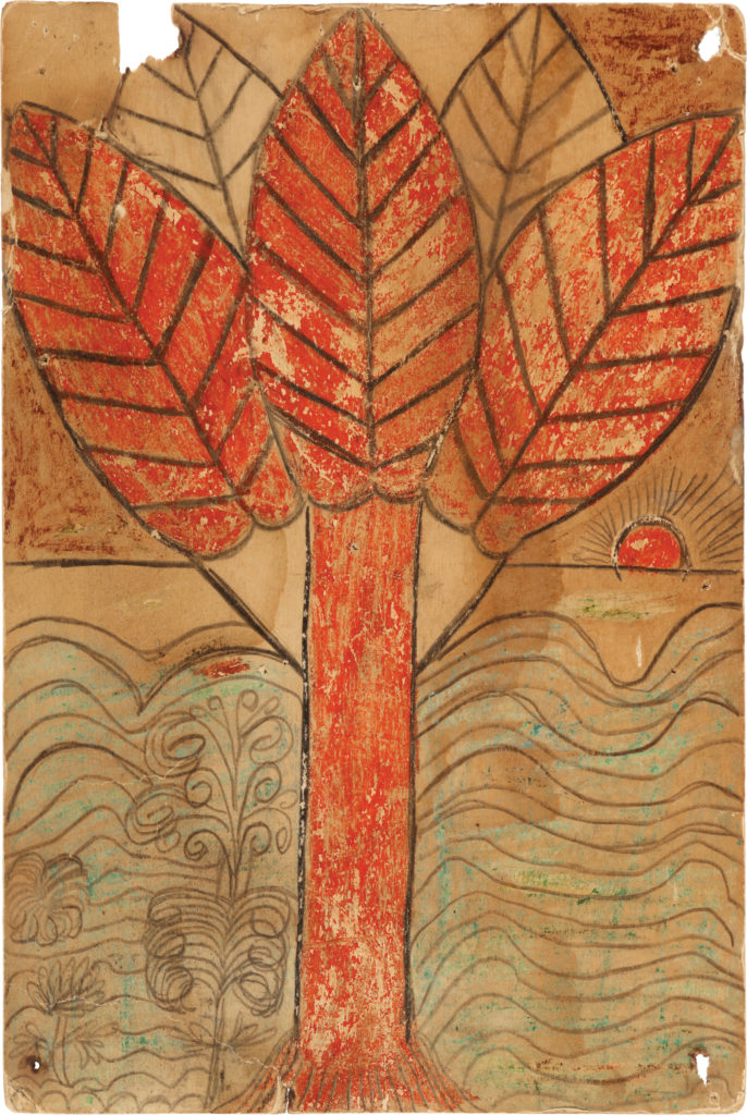Depiction of a thick, red-orange trunk with three large leaves of the same color and two partial and uncolored leaves; a wavy graphite background and small red sun at midline.