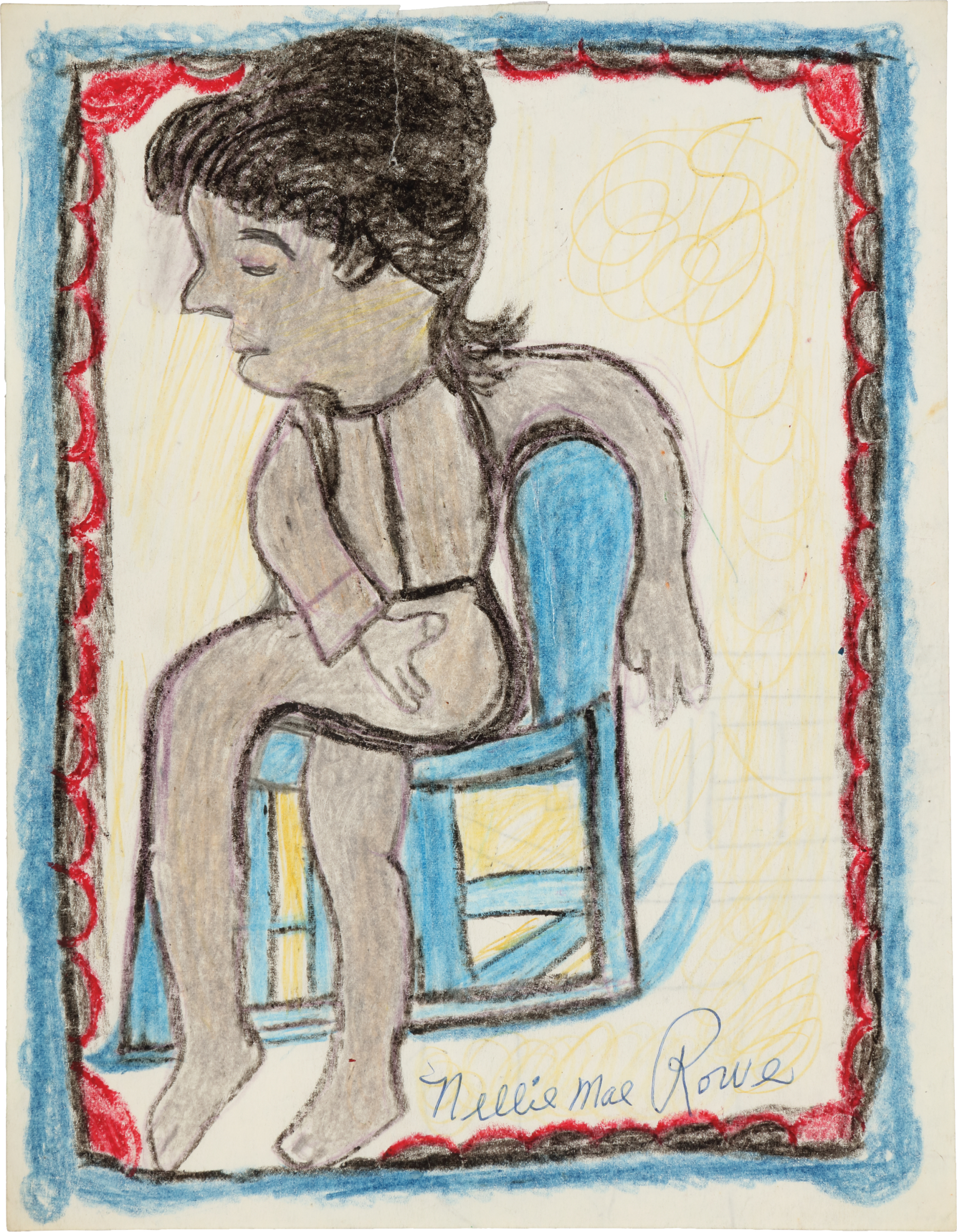 A grayish woman with black hair and outlining sits disjointedly in a blue rocking chair; scalloped red and blue border.