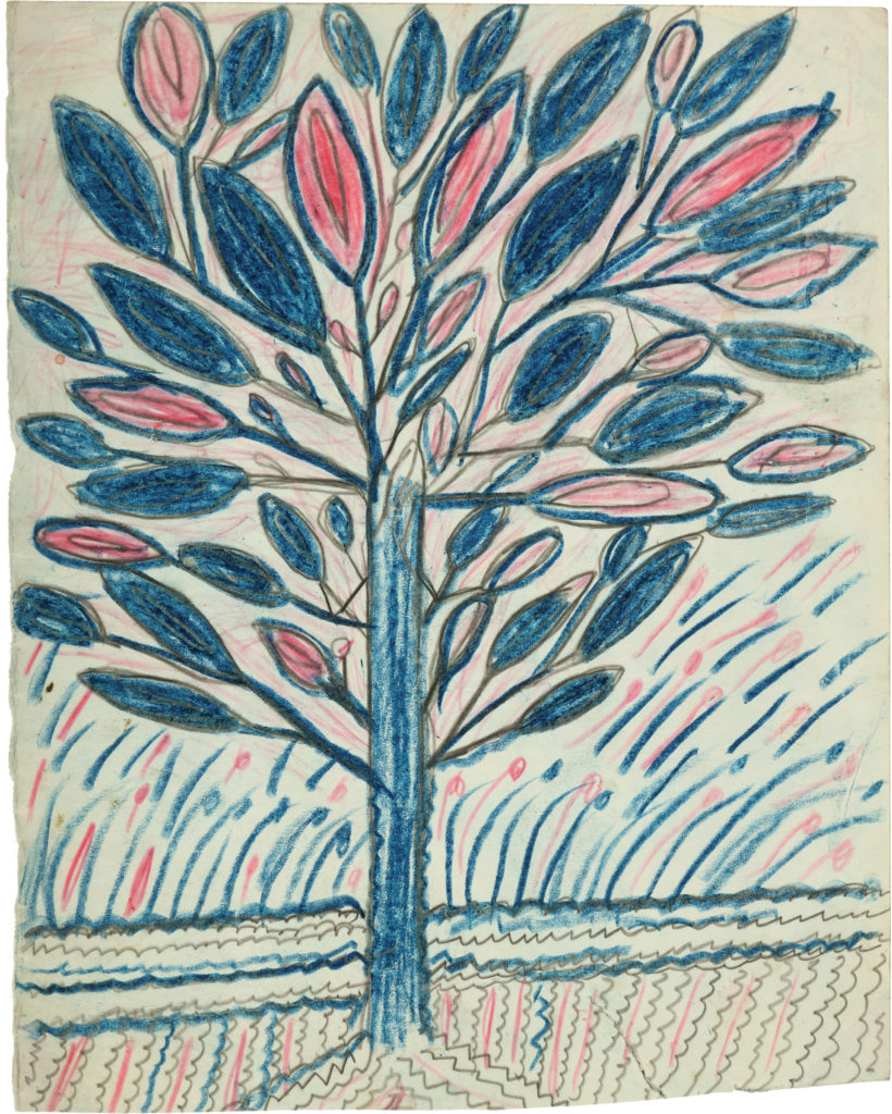 Crayon drawing of a tree with a blue trunk, dark blue branches and ovate leaves, and some medium-pink leaves.