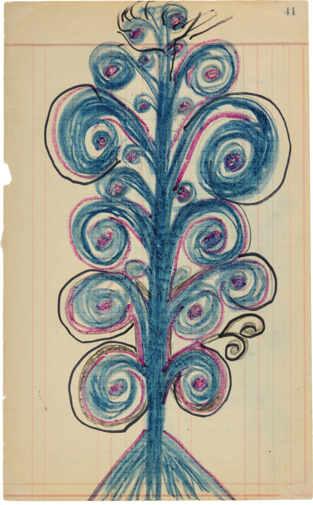 Fanciful tree with swirling branches in dark blue crayon and marker with purple and black accents on faintly lined paper.