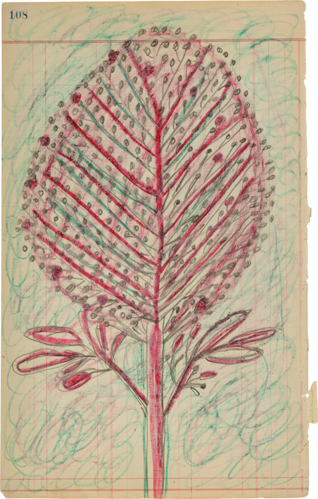 Drawing of a tree with a thin, red trunk and wide oval top with red and green straight branches and circular buds, over faint green swirls on lined paper with the number "108" printed at the top left.