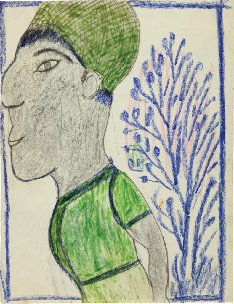 Side profile of figure facing left with grayish skin, an elongated face, a green hat and shirt, and a blue branchy tree on the right.