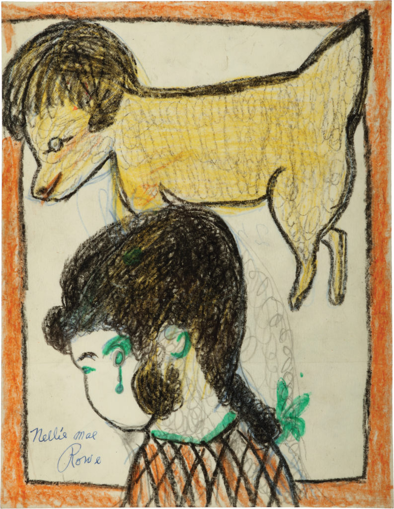 Crayon drawing of a young girl, seen chest-up from behind, with black braids and a yellow dog with black, short-cut hair on its head above her.