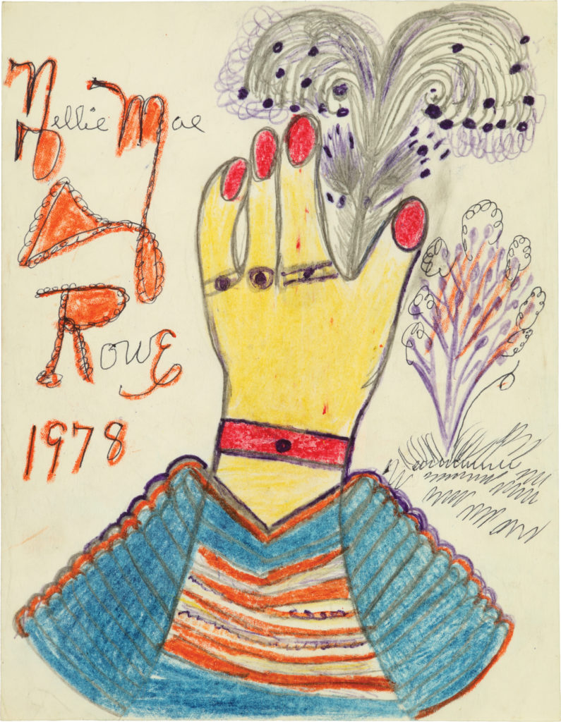 A yellow hand with four fingers and red nail polish, a red bracelet, and blue and orange v-shaped sleeve, with the artist’s signature in orange to the left.