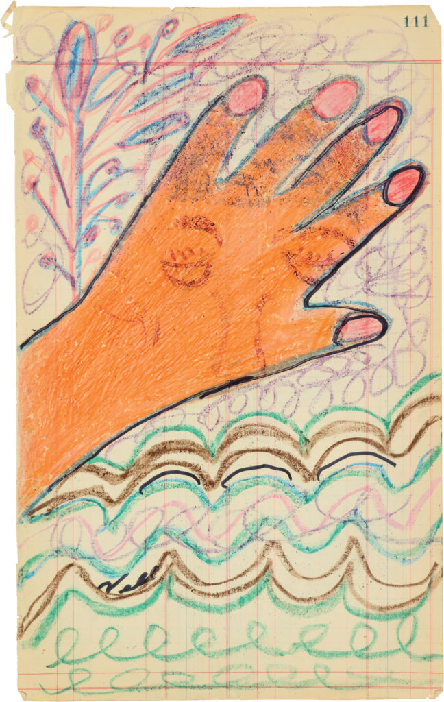 Crayon drawing of an orange wrist and hand with pink fingernails outlined in black marker, surrounded by swirling and waved green and purple lines.