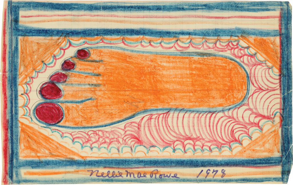 An orange foot with dark pink toenails outlined in blue, bordered by scalloped blue and red lines and crayon blue framing; “Nellie Mae Rowe 1978” at bottom.