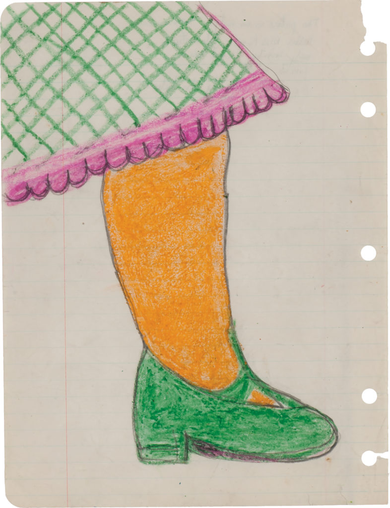 An orange leg with the knee covered by a green and white plaid skirt with pink, scalloped hem in upper left corner, wearing a green heeled shoe.