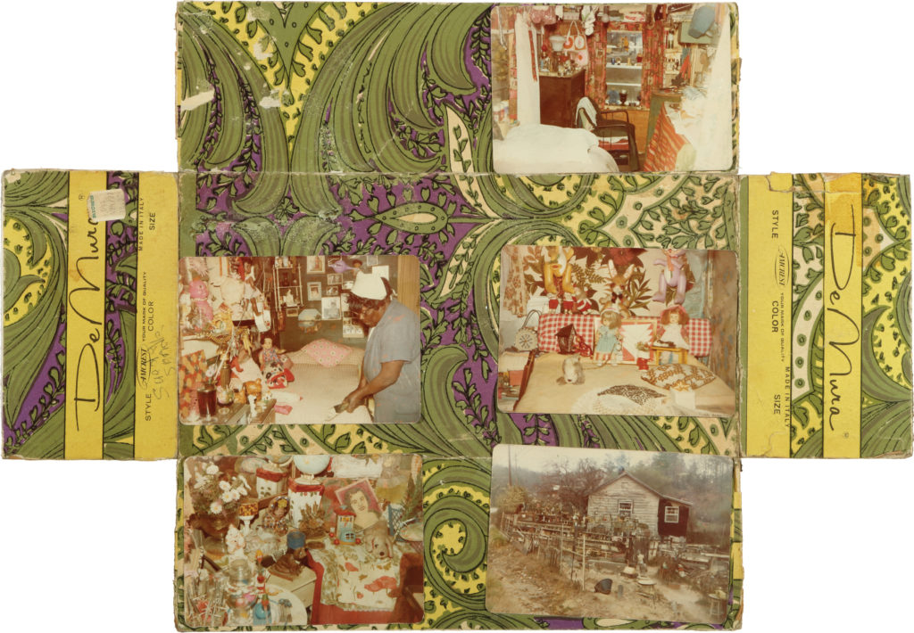 Flattened shoebox with ornate purple, green, and yellow-green paisley pattern; three color pictures of interior of artist’s home, one of artist inside home, and one of home exterior.