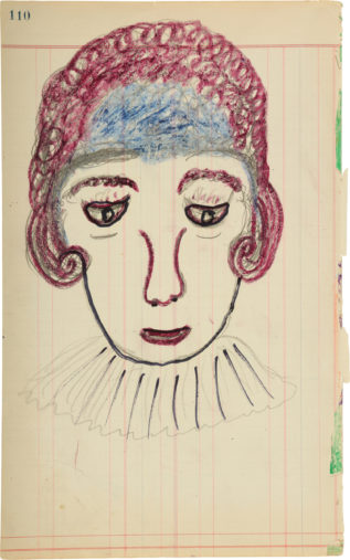 Crayon drawing of a floating head with frilled collar below black outlined face with ear-length, short, raspberry-colored hair and a blue forehead above downcast eyes.
