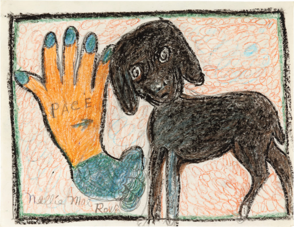 Crayon drawing of a black dog looking towards us next to a medium-yellow human hand with blue nails and sleeve; “Pace” with arrow written on hand.