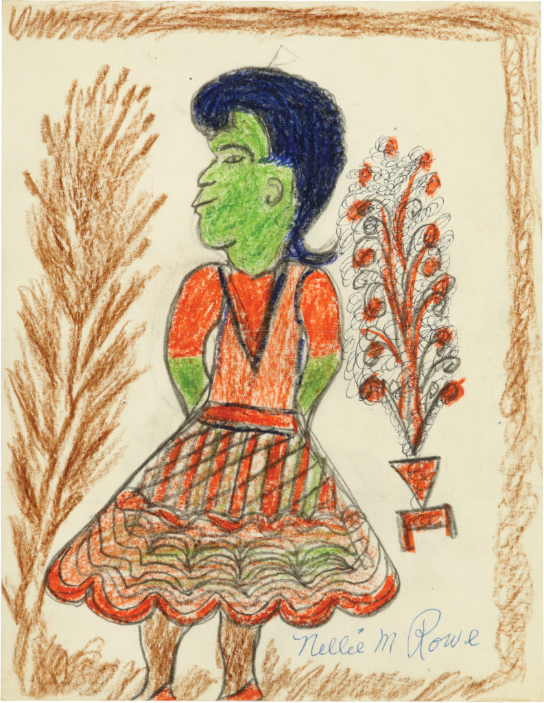 A front-facing woman in a red dress with her a distorted face, turned left, and green skin; brown, feathery plant and border around her.