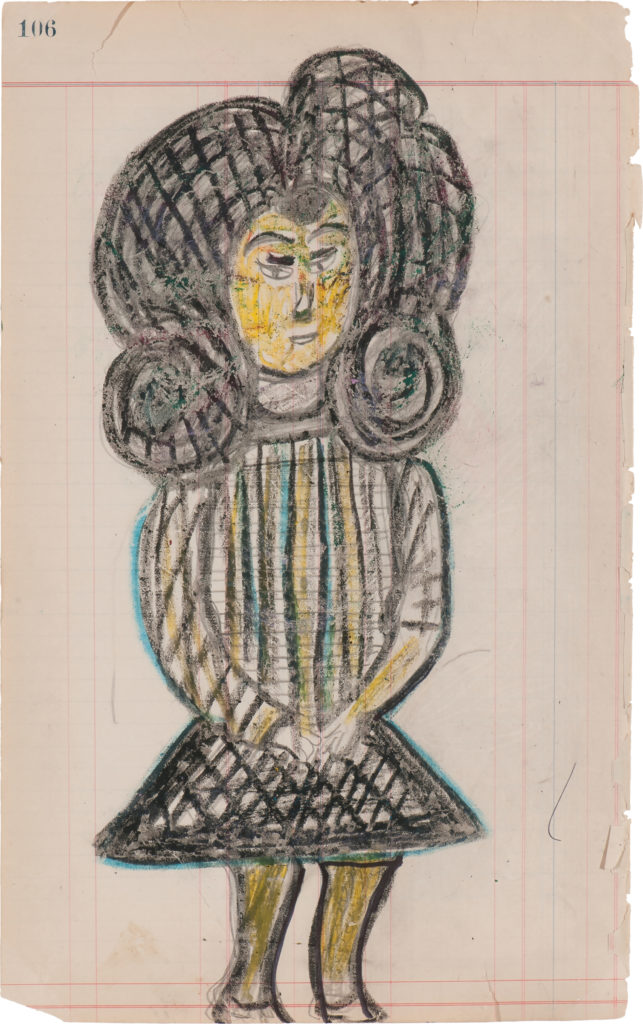 Drawing on ledger paper of woman standing with hands held in front of her, wearing a black striped dress, with some yellow, green and white, and voluminous black hair.