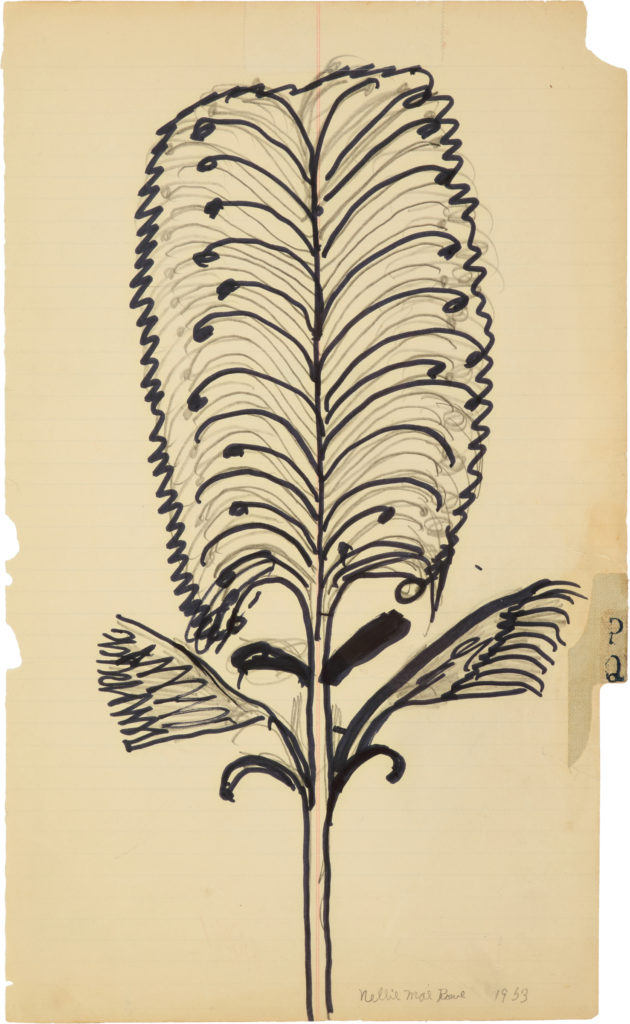 A large, flat leaf and stem outlined in black marker with pencil marks as leaf veins on cream-colored, ruled paper.