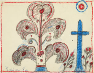Single-line red border around drawing of curved foliage with red and blue accents next to a blue cross with the sharp edge at top.