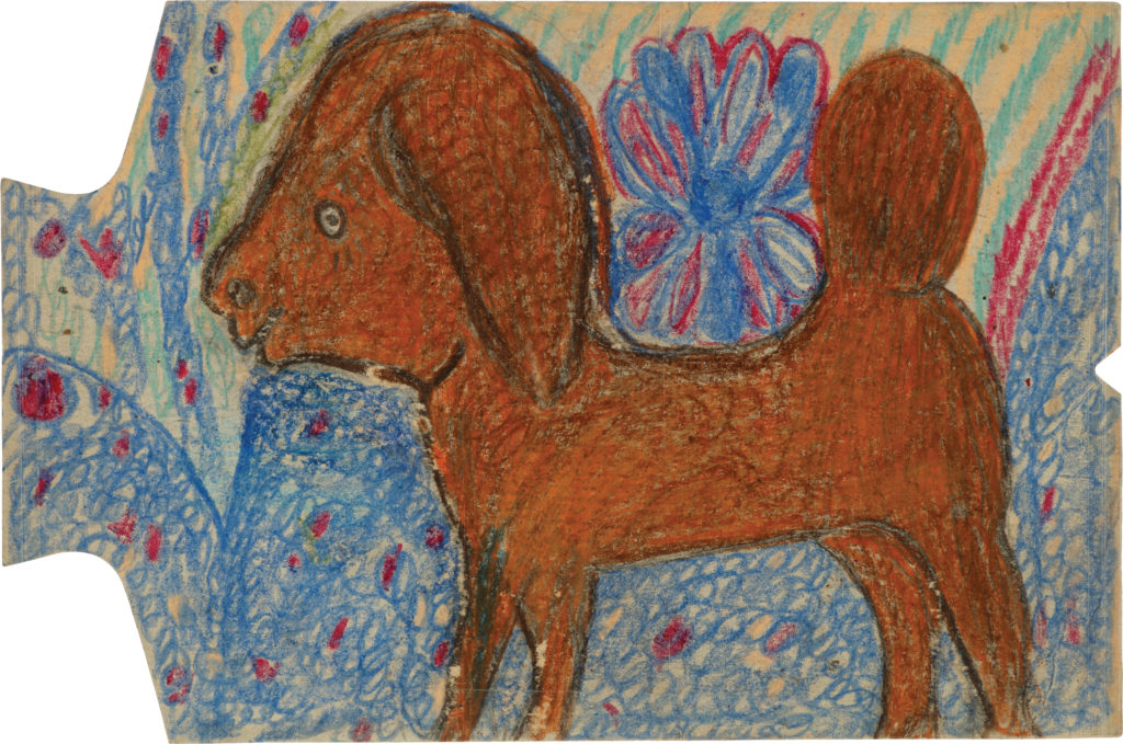 Reverse-side drawing of a small brown dog with a stout body, floppy ears, and puffed tail against a blue and red swirl-detailed background.