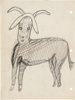 A gray and white sheep drawn on white background, vertical stripes across body, and two sloped ears, in boomerang shape, with two horns.