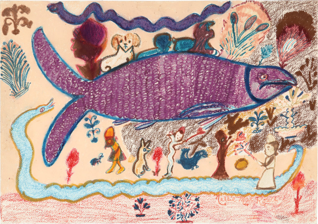 Large purple fish with blue market outline, swimming above small, multi-colored figures of animals, a small girl, and long, aqua snake.