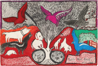 Drawing of gray, V-shaped tree with dark red area that various black and white creatures sit on; four birds—red, magenta, gray, cerulean—fly around tree.