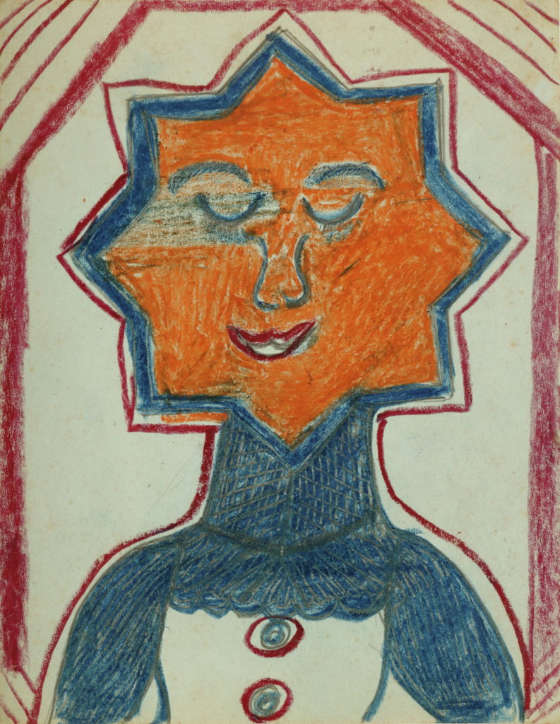 Crayon drawing of a figure with a blue neck and blue-outlined, eight-sided star (octogram), colored in orange with blue closed eyes, nose, and eyebrows and a red smiling mouth.