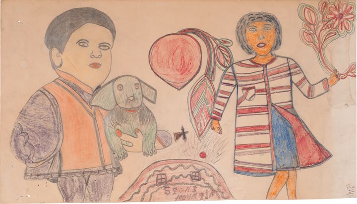 Colored pencil drawing on cardboard of man in an orange vest holding a small dog and a woman in a red-white striped coat, over blue dress, holding oversized red flower. Between them at the bottom of the page is a small hill shape with the words “Stone Mountin.”