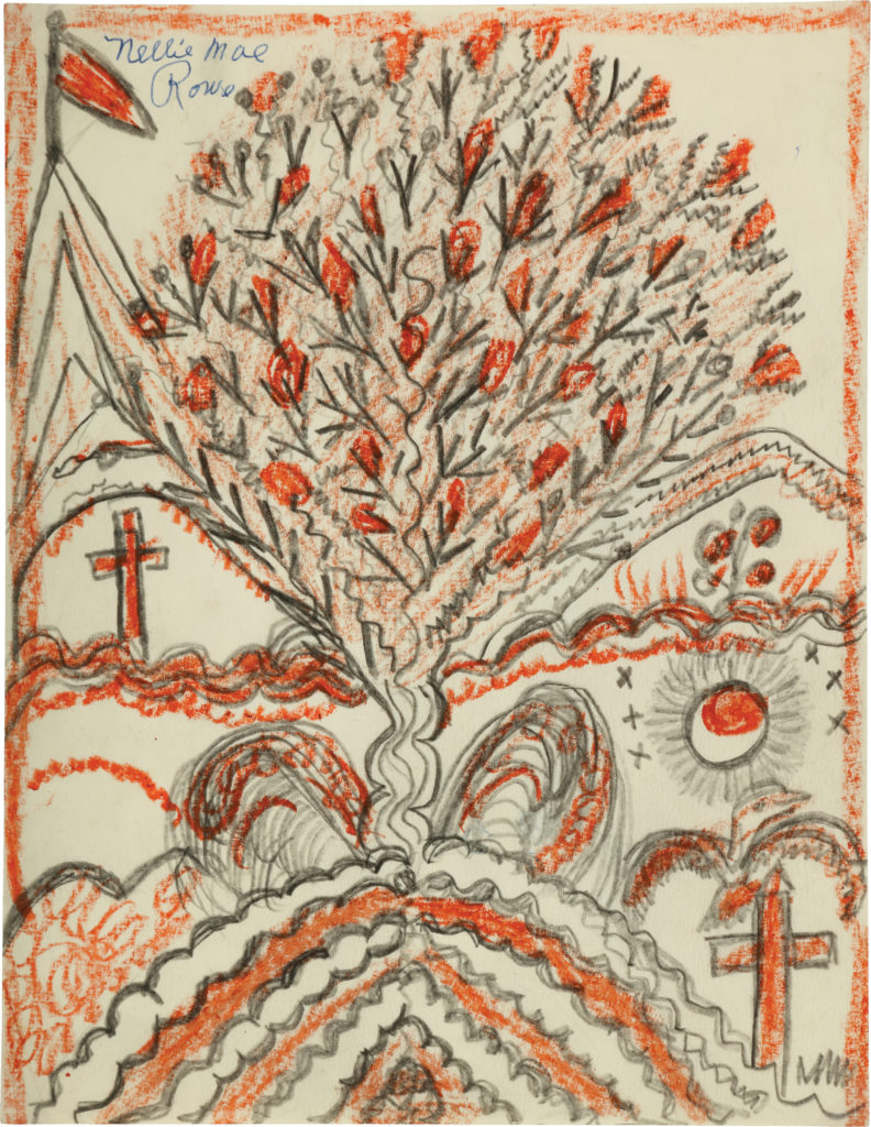 A pencil drawing with a large, round tree and orange circles amidst the branches, surrounded by undulating shapes and two orange crosses.
