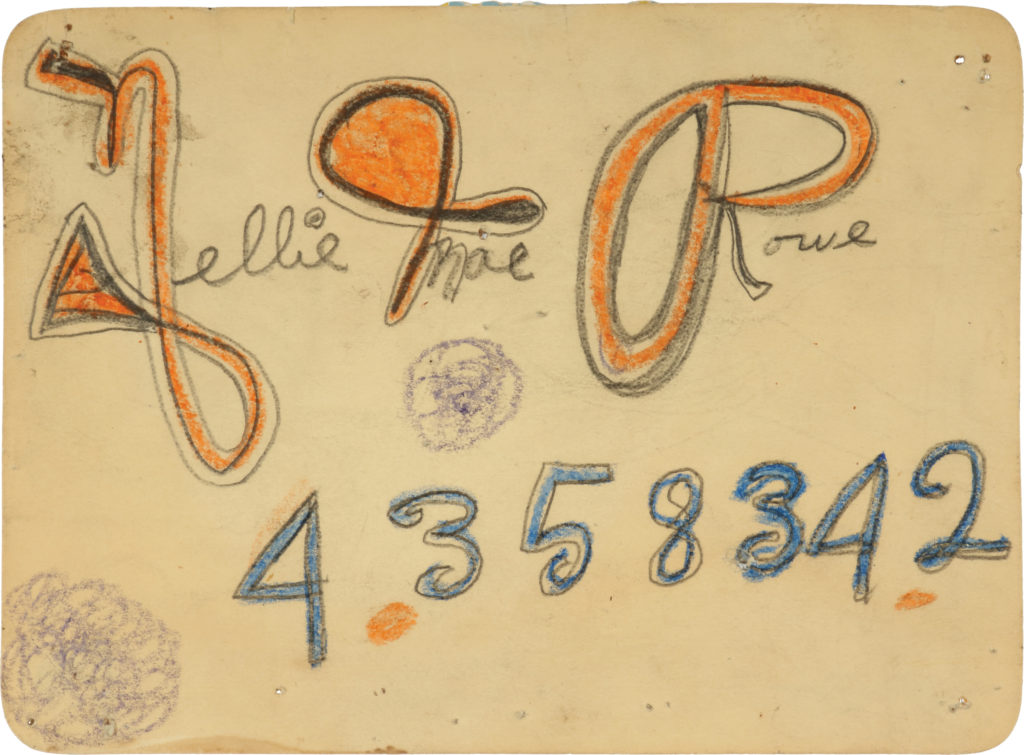 Aged folder divider with two purple colored pencil circles, “Nellie Mae Rowe” written across the top with large, swirled, orange first letters and “4358342” at bottom in blue colored pencil.