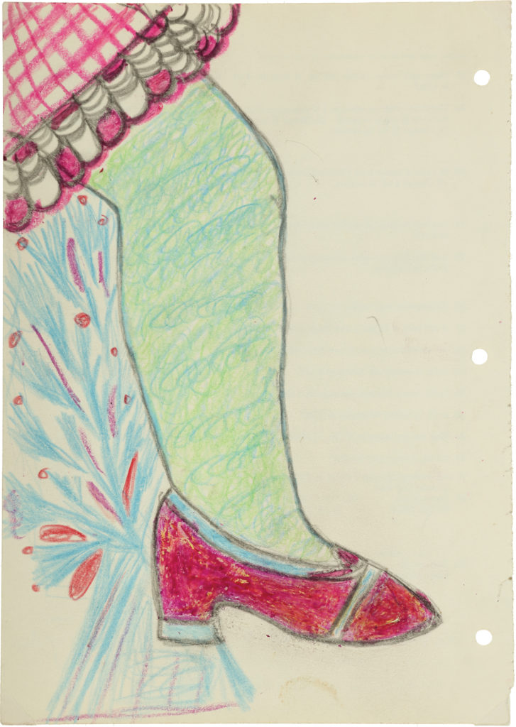 A green and blue leg with a plaid pink and white skirt hem in upper left corner and red heeled shoe with blue accents.
