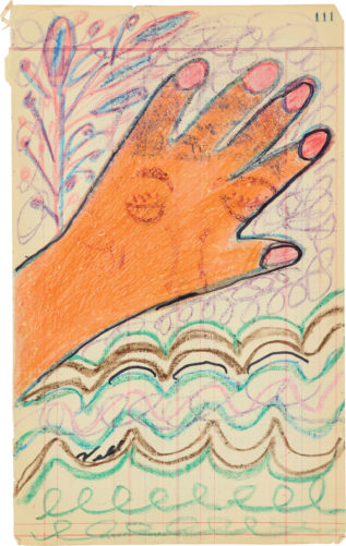 Crayon drawing of an orange wrist and hand with pink fingernails outlined in black marker, surrounded by swirling and waved green and purple lines.