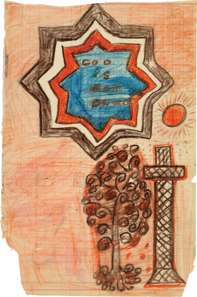 Drawing of four nested, eight-sided stars in brown, white, red, and blue with “God is not dead” written in center, a brown tree and cross figure below in right corner.