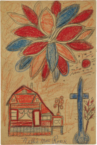 Drawing on cardboard of a large flower with red and blue petals, with a red barn and blue cross below.