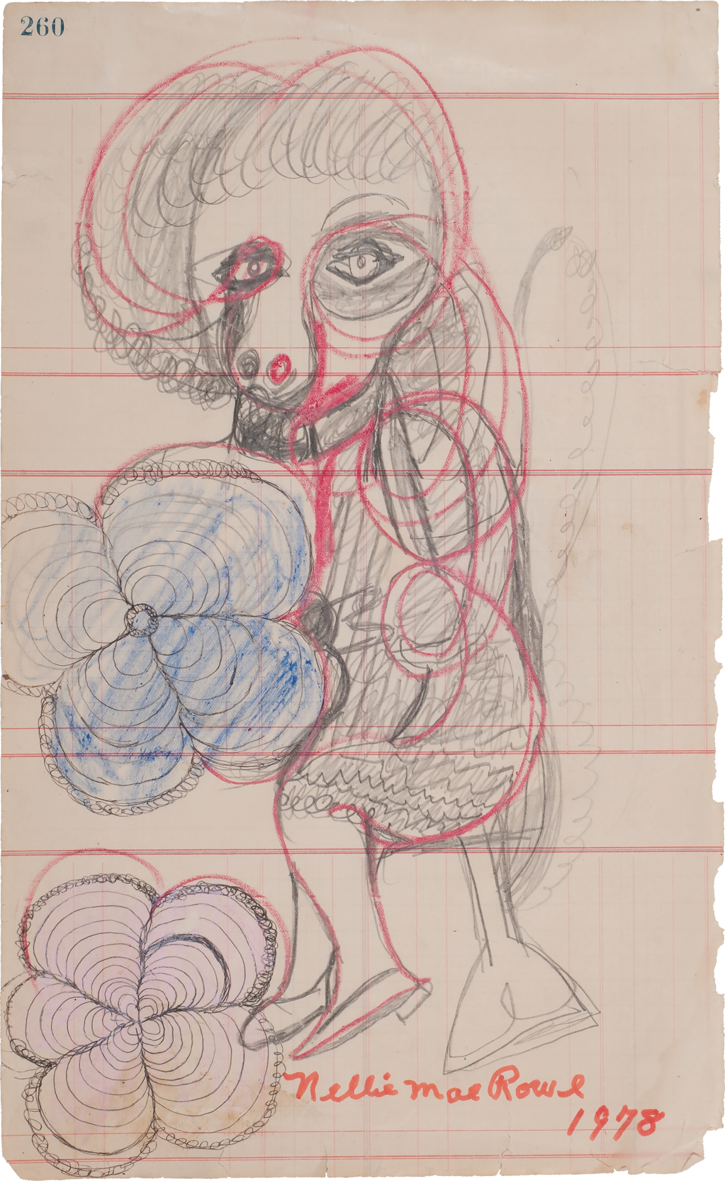 Sketch of a creature in graphite pencil and red colored pencil with front-facing eyes and nose, with a blue flower to the left and uncolored flower in lower left.