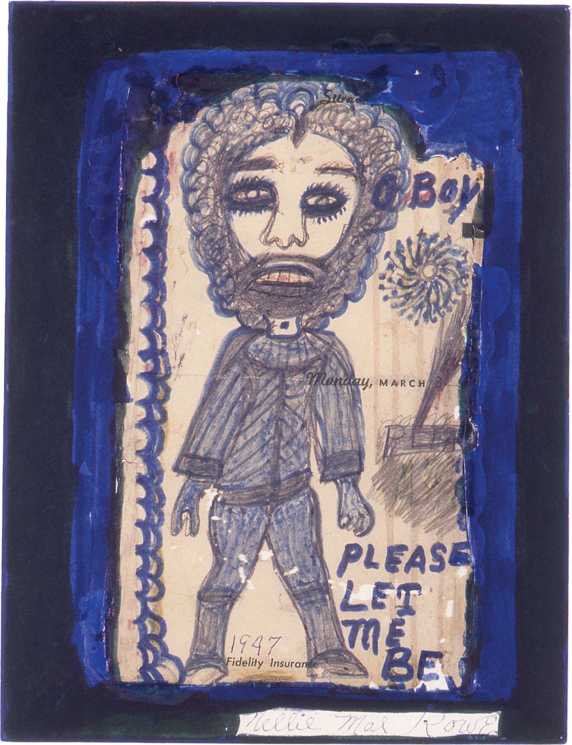 A front-facing figure drawn with pencil and blue marker against a white background with blue and black borders; “boy” and “please let me be” written in marker.