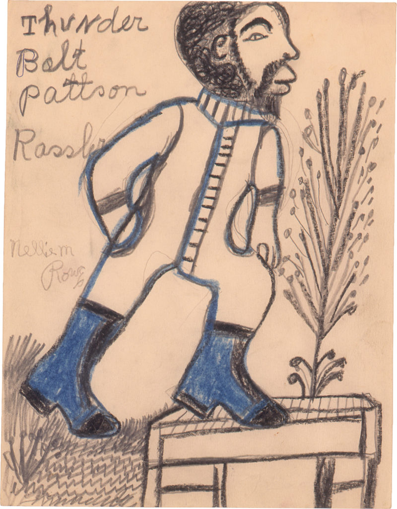 Full-body drawing of bearded figure with blue and black outlining and one hand in pocket, stepping onto a platform; “Thunder Bolt Pattson Rassler” written in top left corner.