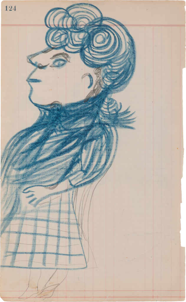 Side profile drawing of figure with larger top-half colored in blue pencil, with bouffant, curly hair and hand on hip-area.