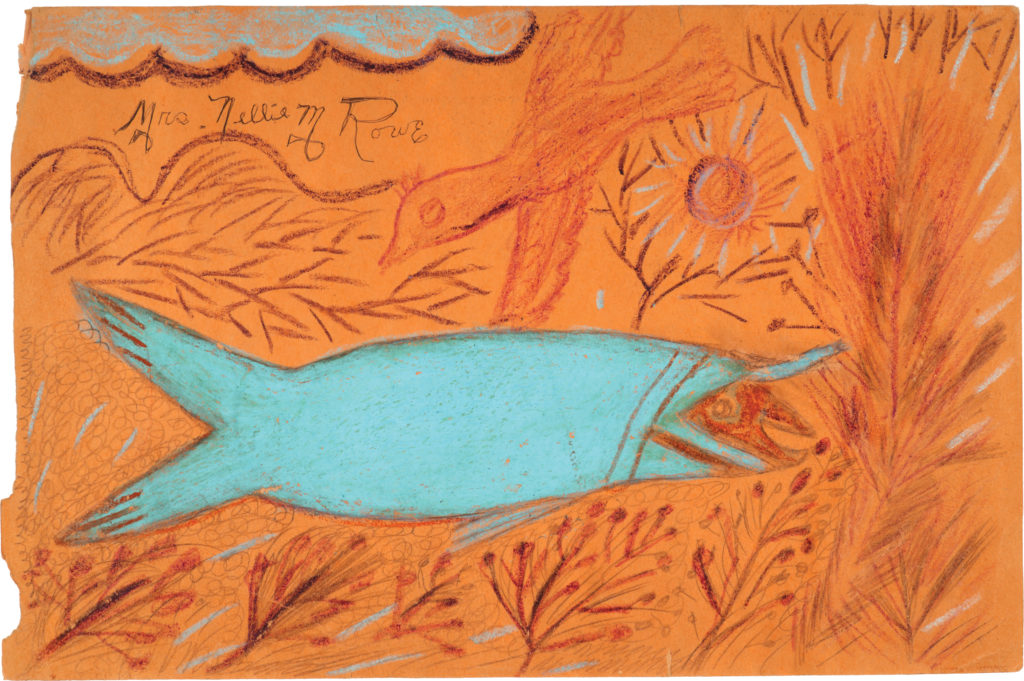 Crayon drawing of a bright blue, split-tail fish with a split tail, against an orange background with red flora details, and a light red bird diving toward fish.