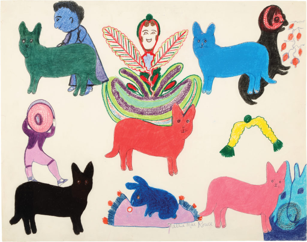 Various, small, jewel-colored figures against a white background; five cats: black, green, red, blue and pink, with three whimsical human figures, and small blue rabbit bottom center.
